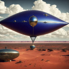 Blue futuristic airship over desert with aircraft and structure in cloudy sky