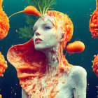 Surreal portrait of person with carrot-like features and vibrant orange headdress on teal backdrop