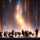 Orchestra performing under celestial backdrop with conductor and instrumentalists