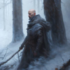 Bald Man in Fur Cloak Standing in Snowy Forest with Staff