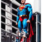 Superman cosplay on staircase with shadow and sunlight contrast