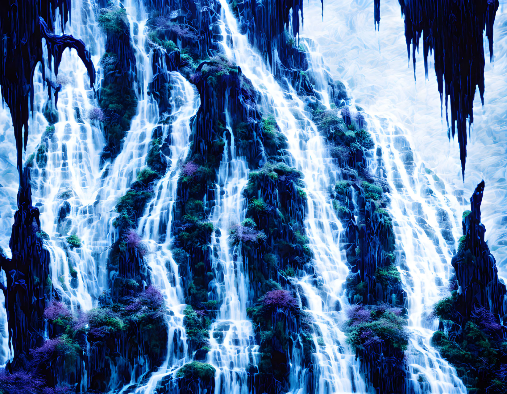 Fantastical digital artwork: Vibrant waterfall scene