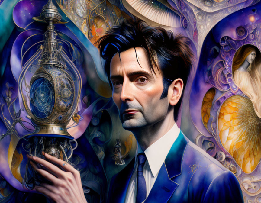 Stylized portrait of a man in blue suit with fantastical clock