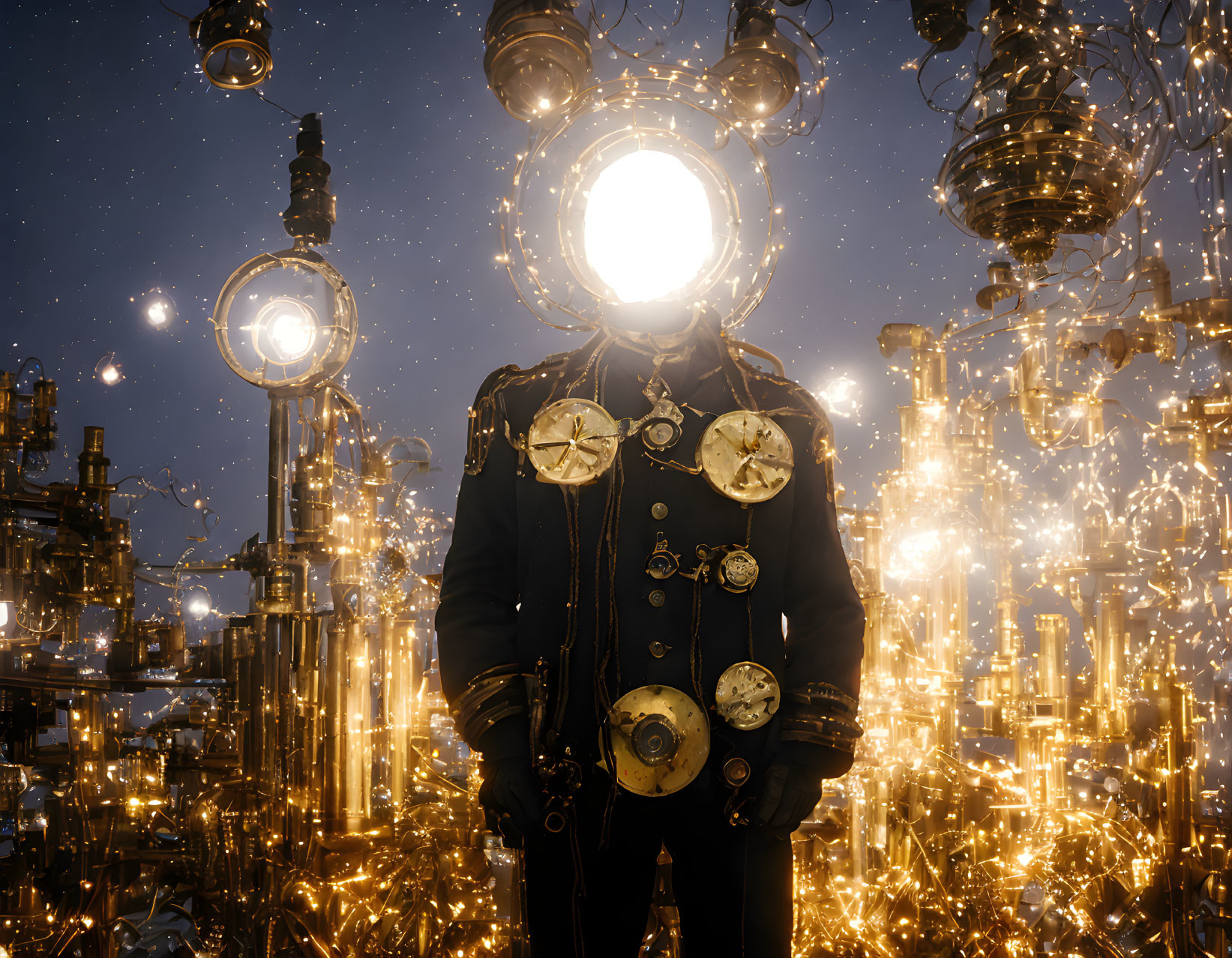 Glowing figure in ornate uniform amid golden lights and machinery