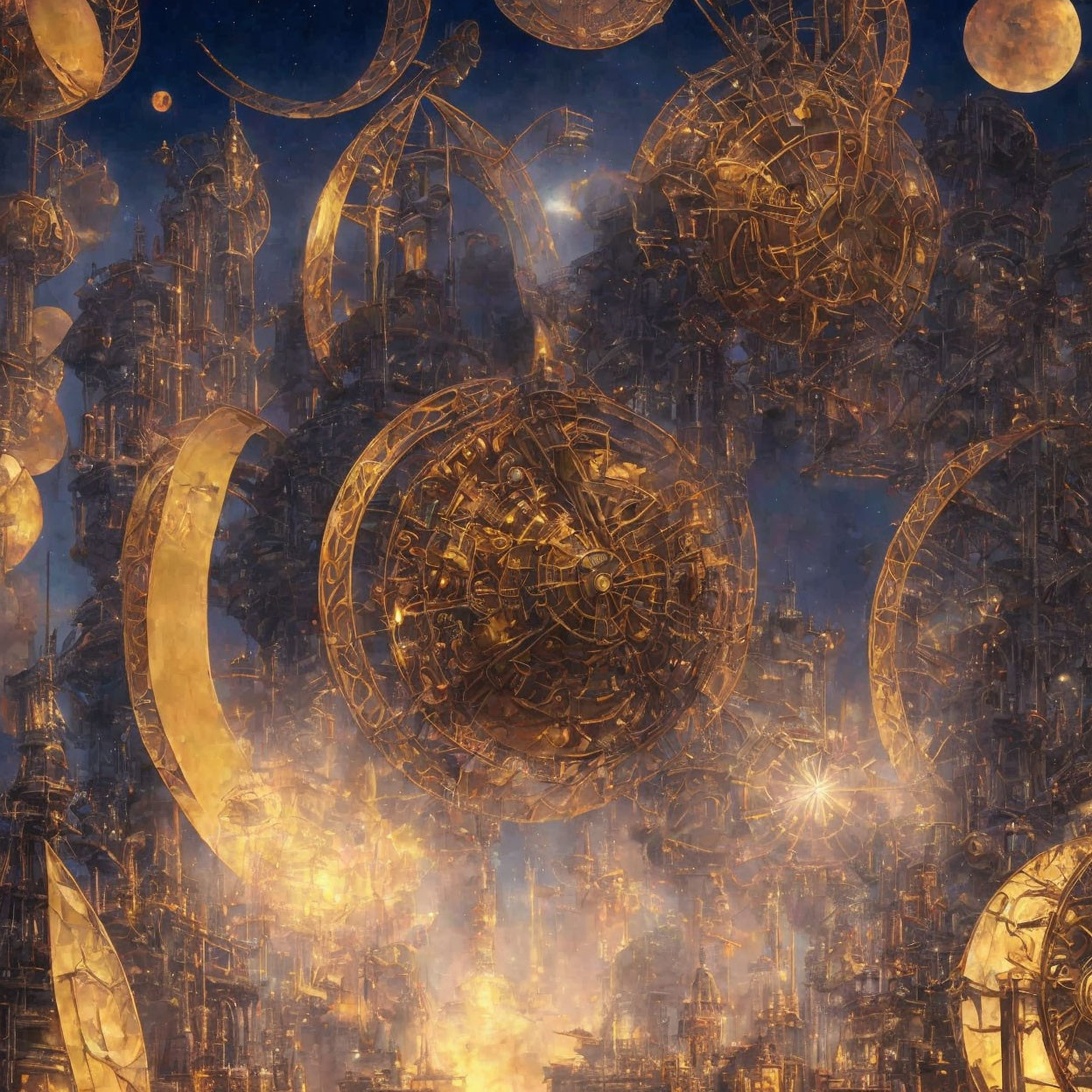 Detailed steampunk cityscape with ornate gears and glowing lights