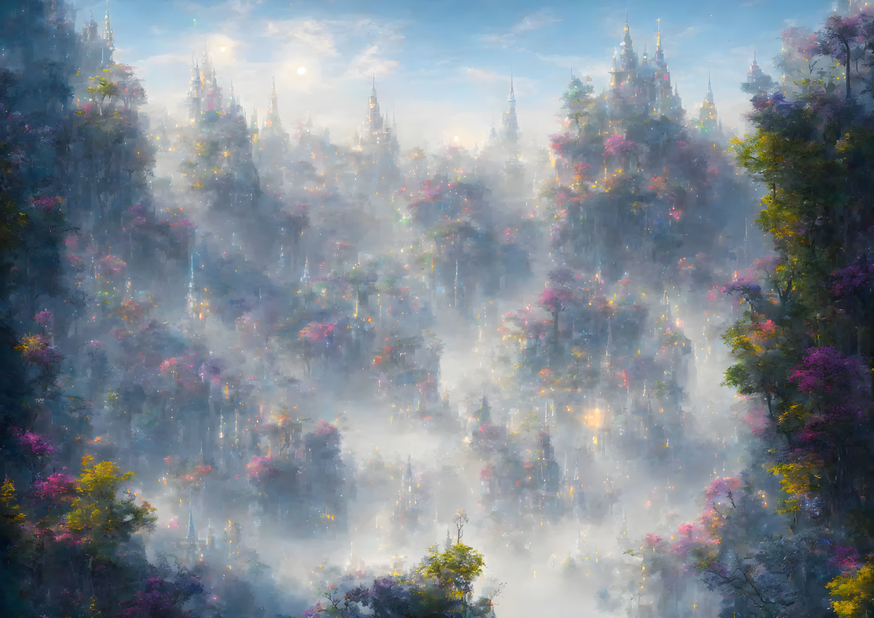 Enchanting foggy forest with sunlight, flowers, and greenery