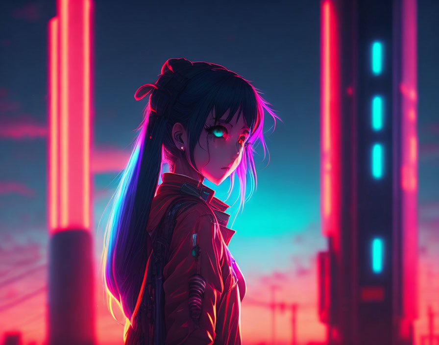 Anime girl with blue hair highlights in futuristic neon-lit scene