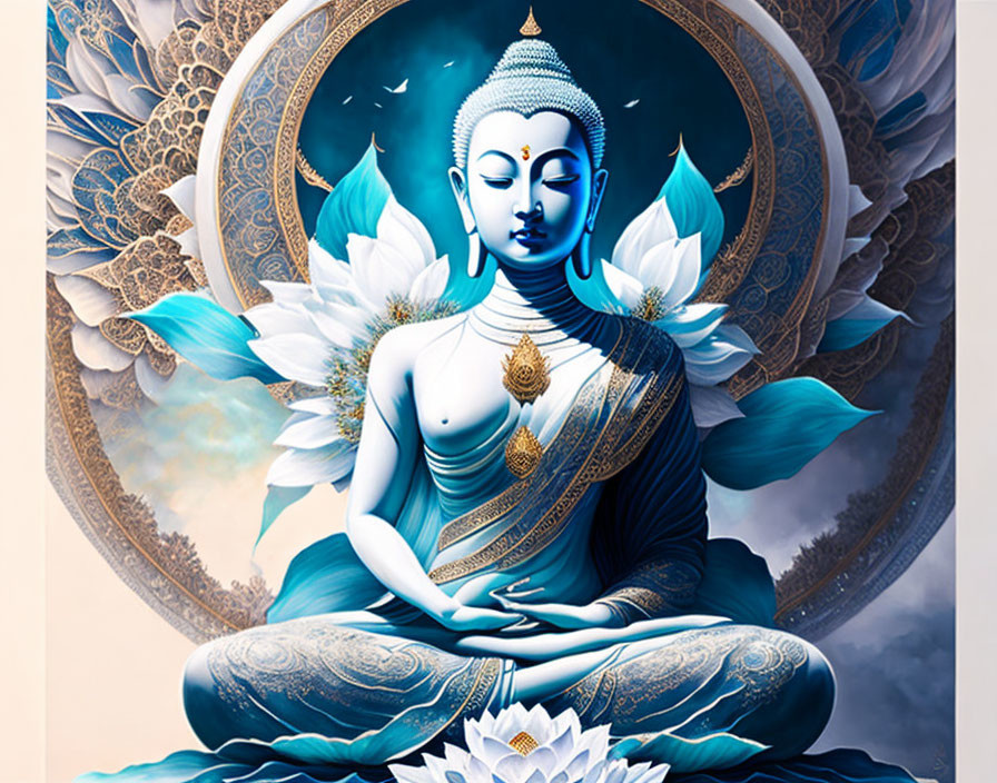 Blue Buddha Figure Meditating with Lotus Flowers and Ornate Patterns