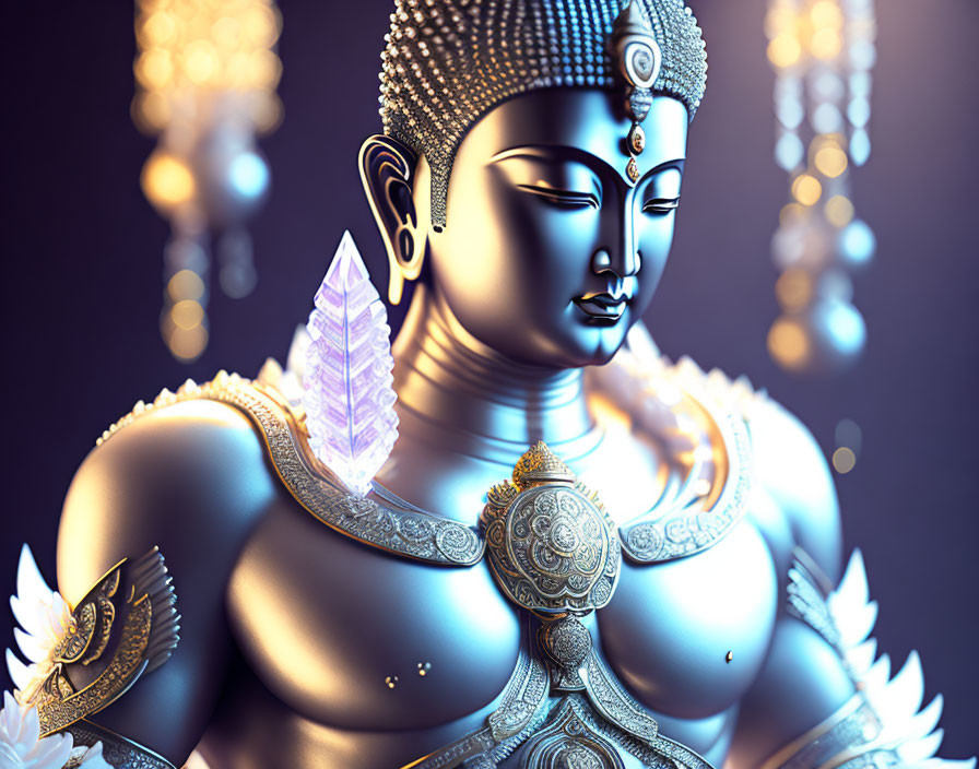 Silver-toned Buddha statue with intricate jewelry illuminated by golden lamps against dark background