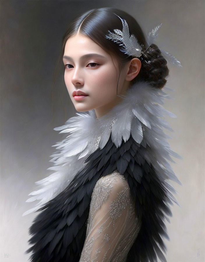 Portrait of young woman with elegant feathered collar & hair accessory