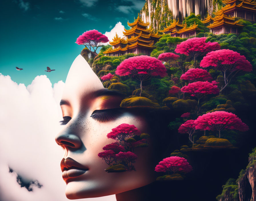 Woman's face merges with vibrant pink landscape and soaring birds in surreal image