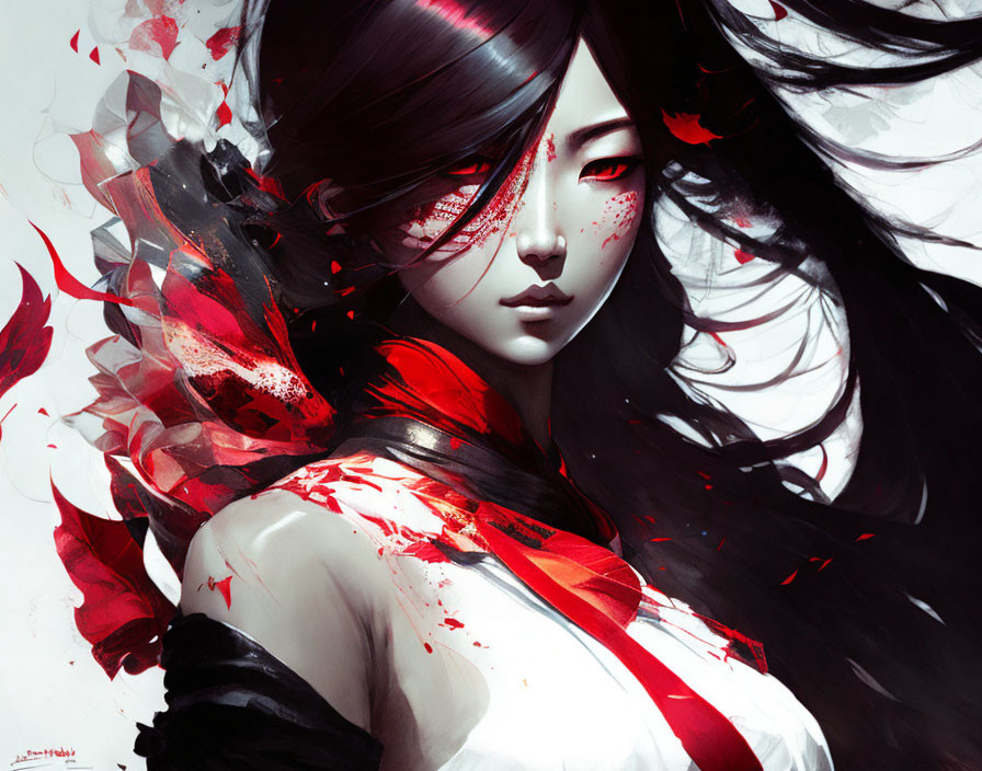 Illustration: Woman with flowing black hair and red accents in a mysterious setting.