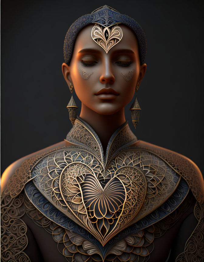 Detailed 3D rendering of woman in ornate metallic armor