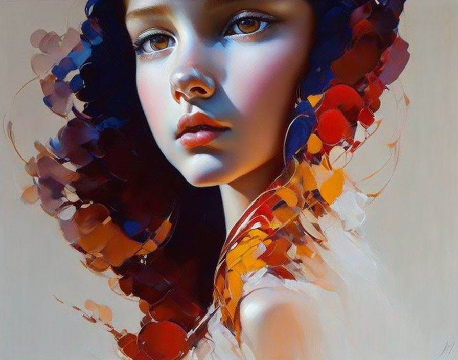 Young girl portrait with blue eyes and colorful, abstract hair.