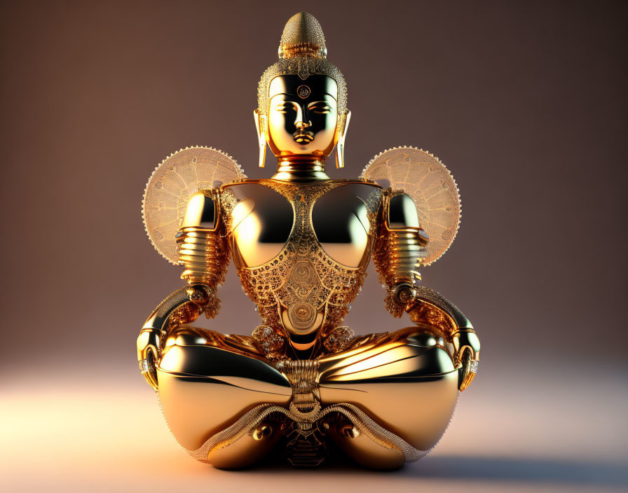 Golden robotic Buddha meditating with illuminated lotus energy fields