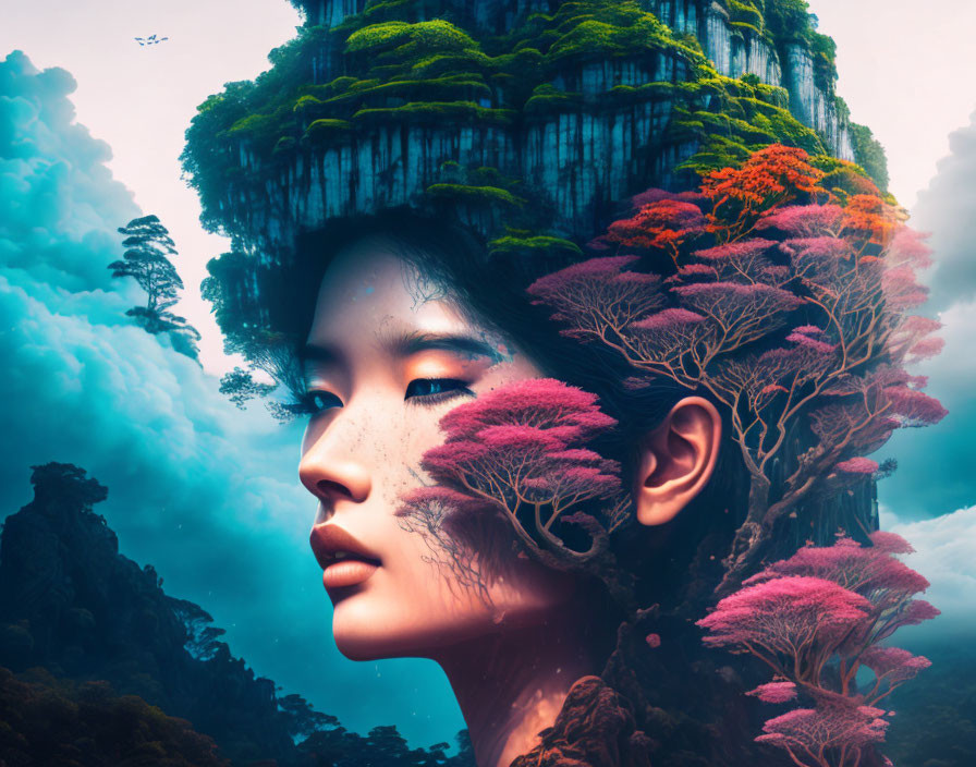 Surreal portrait of woman's face merging with lush landscape