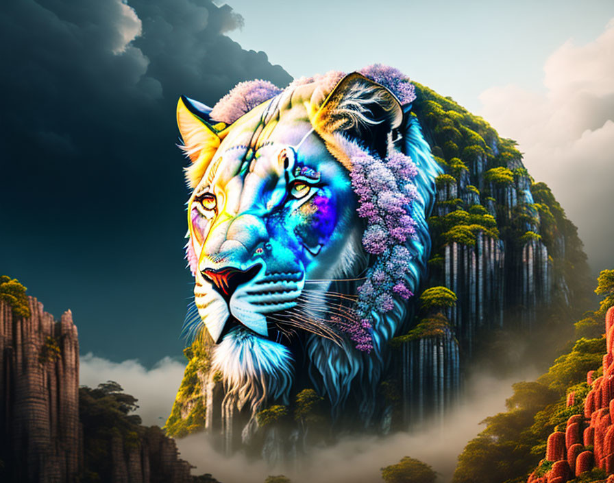 Surreal lion face in vibrant blue and purple hues against fantasy landscape