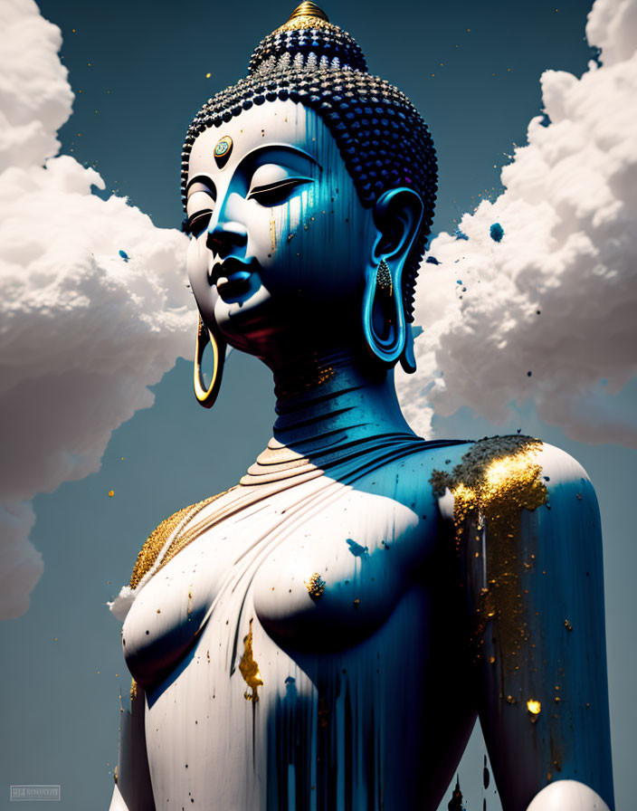 Blue-toned Buddha statue with golden accents in serene sky setting