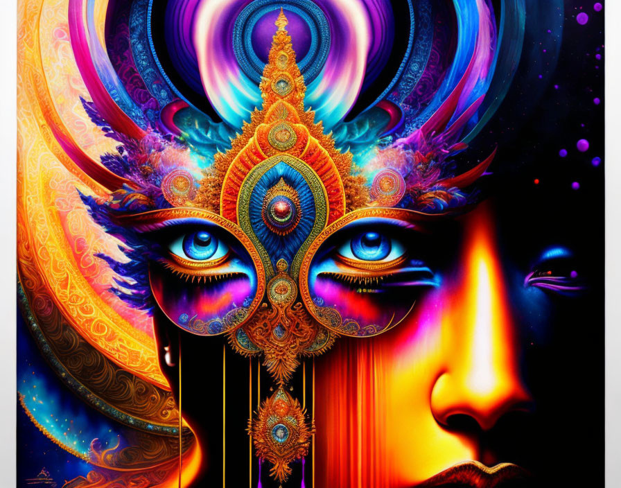 Colorful digital artwork: Face with multiple eyes and cosmic headdress in blues and oranges