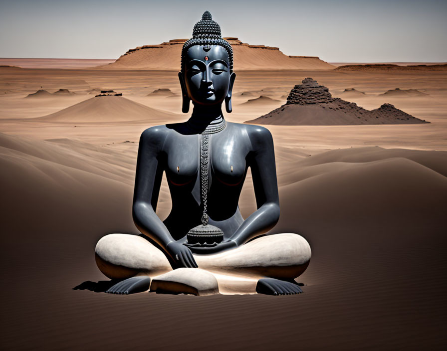 Black Buddha statue meditating in desert landscape