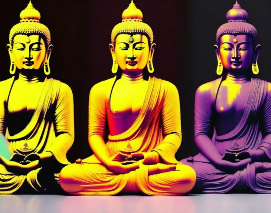 Vibrant Buddha statues in meditation pose with colorful lighting