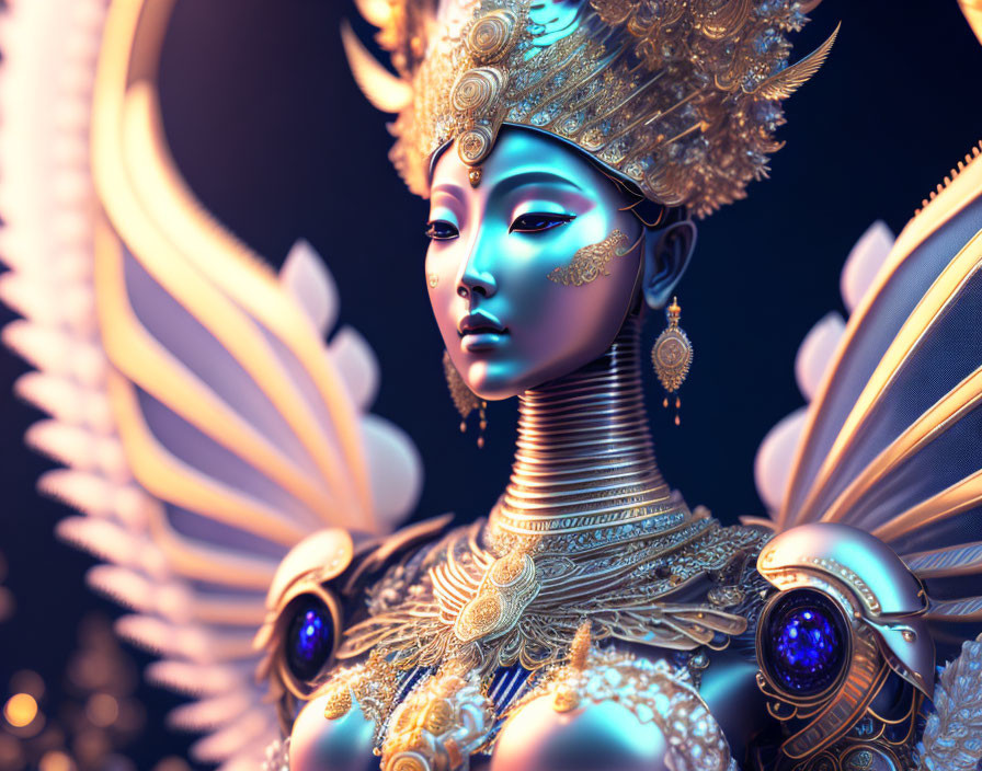 Regal figure with golden headgear and jewelry on luminous feather backdrop