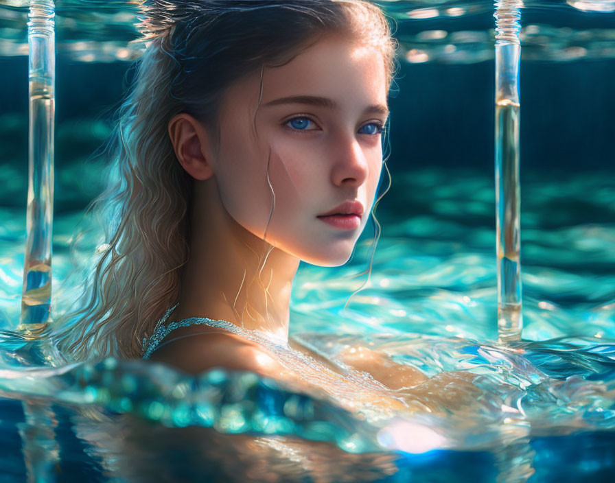 Young Woman with Wet Hair in Pool, Blue Eyes, Sunlight Filtering