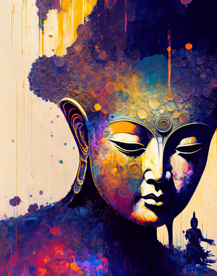 Colorful Buddha Face Artwork with Elaborate Patterns and Dripping Paint