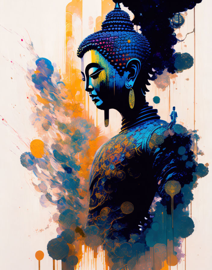 Colorful Buddha Figure Profile Artwork with Blue and Gold Palette