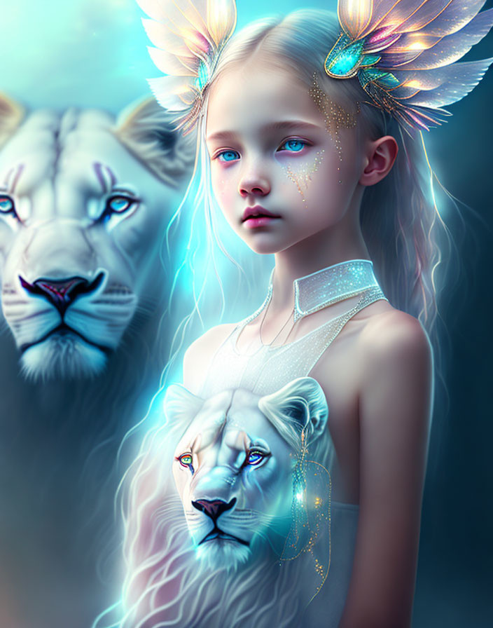 Young girl with ethereal features and two white lions on a blue backdrop