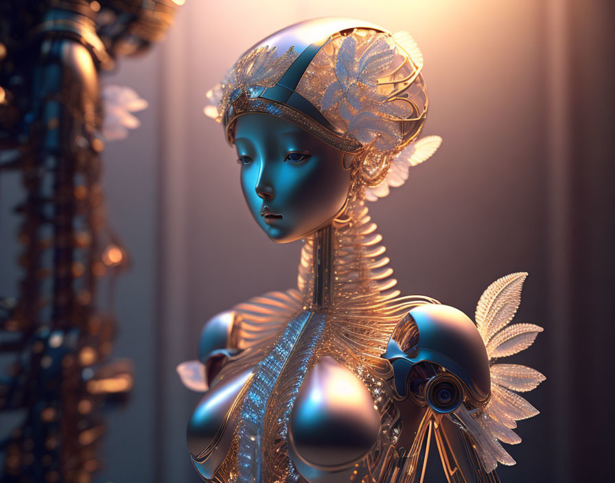 Futuristic female robot with ornate headgear and intricate mechanical body