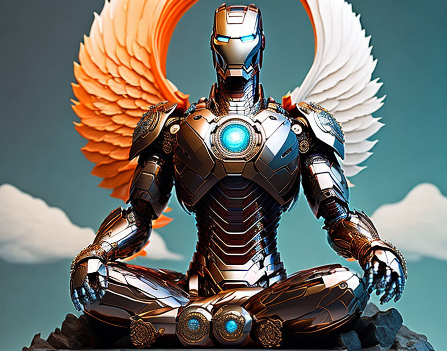 Metallic Suit Figure with Glowing Blue Accents and Mechanical Wings on Blue Background