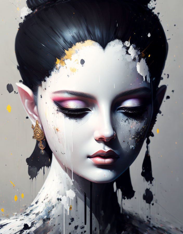 Digital artwork: Female figure with elf-like ears, dramatic makeup, and paint splatters