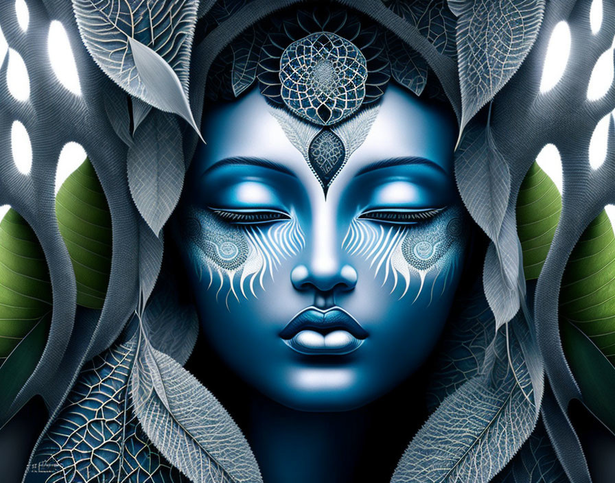 Symmetrical digital artwork: Serene blue face with intricate white patterns