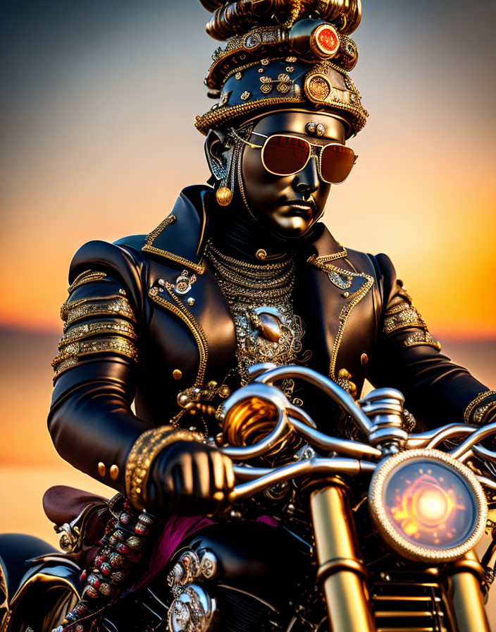 Ornately Dressed Figure on Motorcycle at Sunset