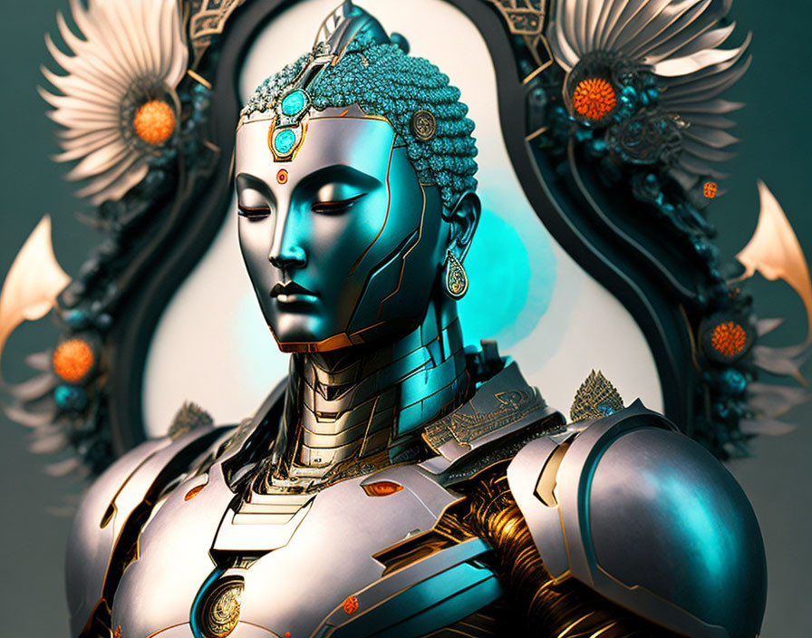 Futuristic female android with gold and turquoise armor on intricate backdrop