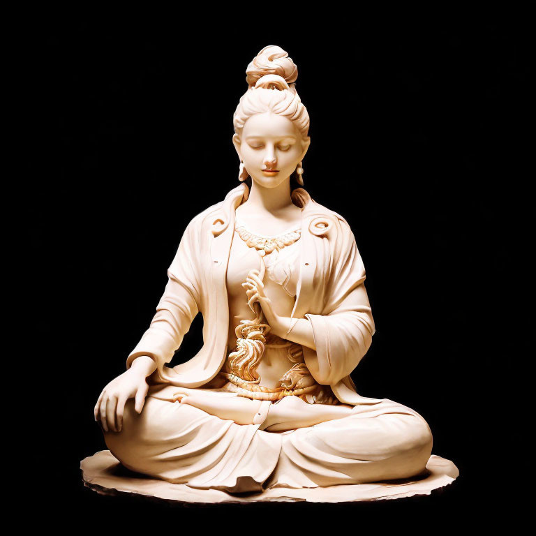 Ivory-colored woman statue in meditative pose with traditional attire