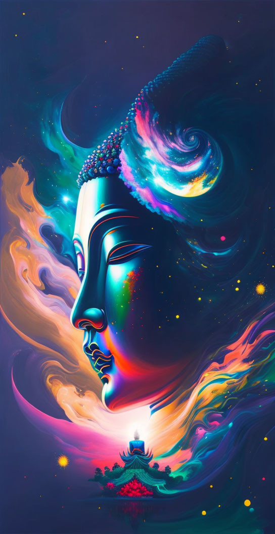 Colorful digital artwork: Serene Buddha in cosmic setting