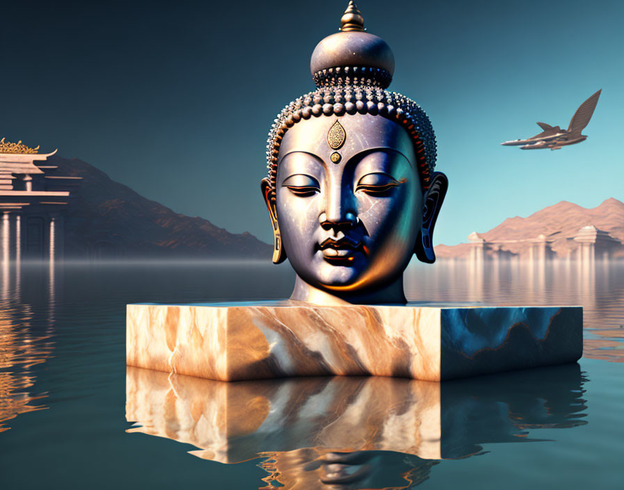 Buddha head statue on water with marble base, mountains, temple structures, and airplane in sky