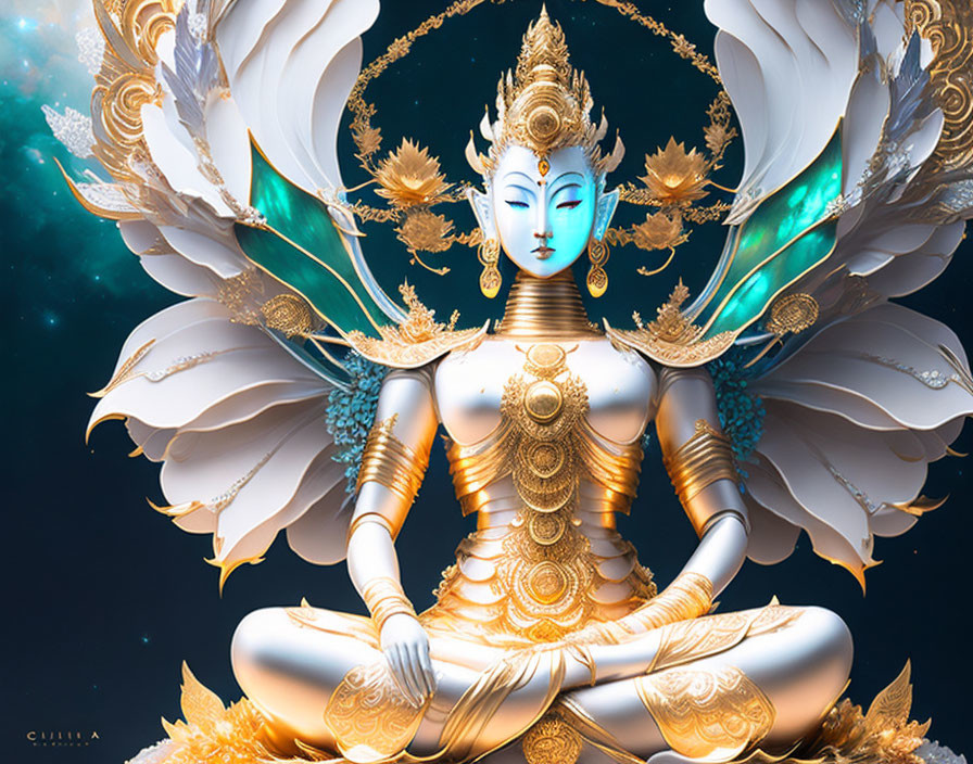 Serene blue-faced multi-armed deity with golden ornaments