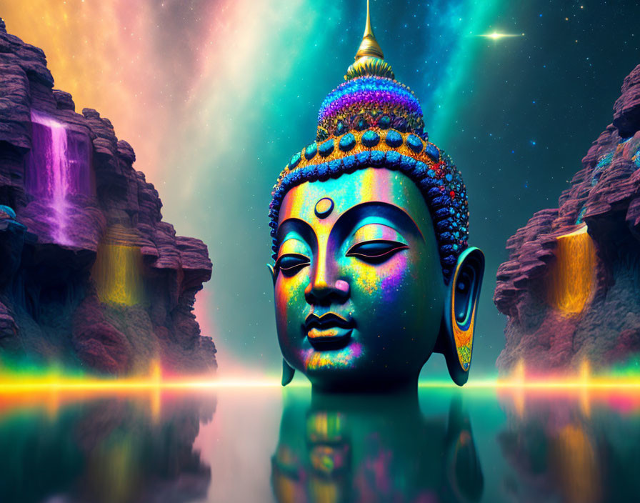 Colorful Buddha statue surrounded by waterfalls and cliffs under a starry sky