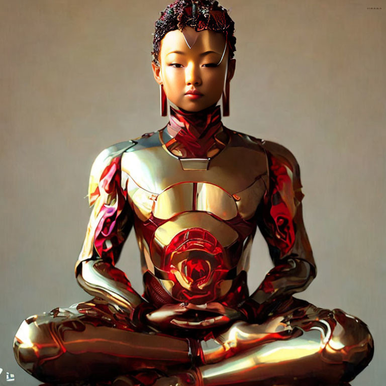 Digital art: Serene figure in meditative pose with gold and red mechanical armor