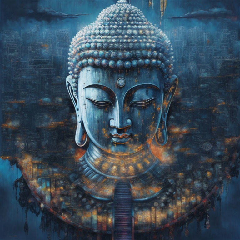 Tranquil Blue Buddha Head on Urban Skyline Background