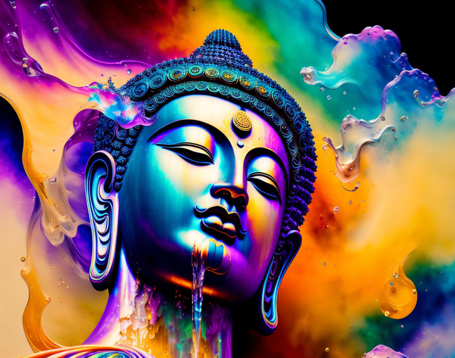 Colorful Buddha statue with psychedelic swirls background symbolizing tranquility.