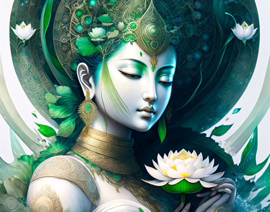 Woman with Green and Gold Adornments Surrounded by White Lotuses