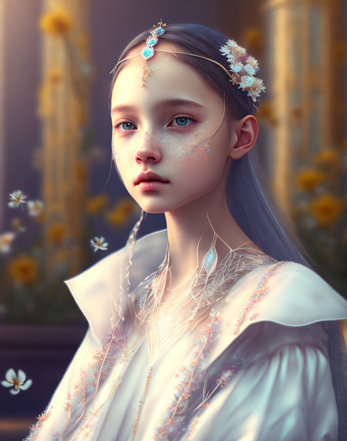 Digital Art: Girl with Blue Eyes in Celestial Headpiece and Floral Background