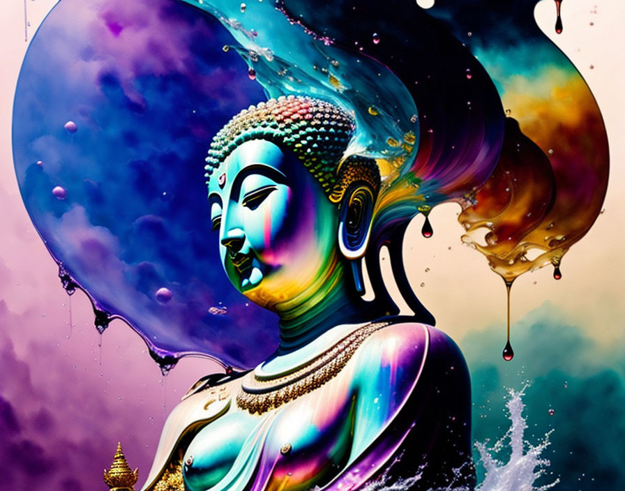 Vibrant Buddha painting with dynamic splashes of color