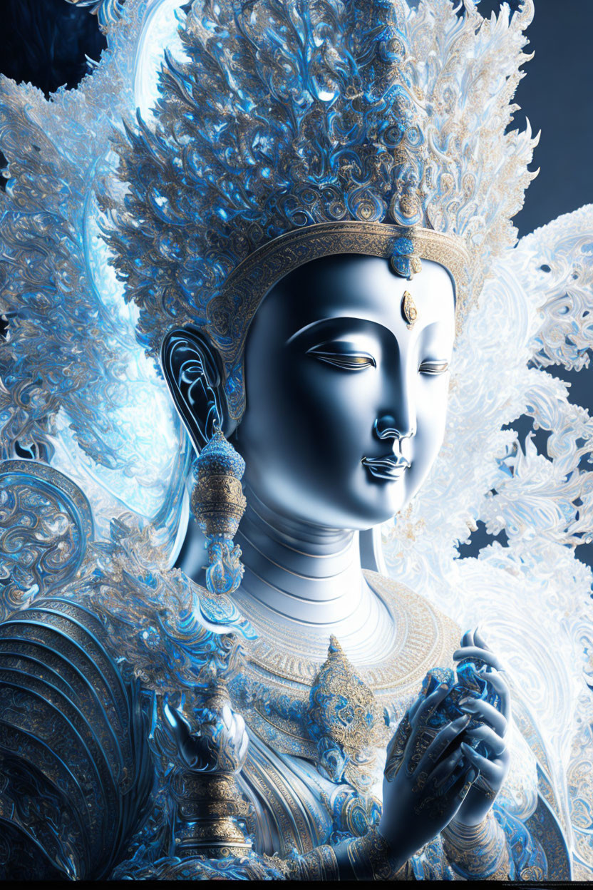 Detailed Buddhist deity statue in blue and white with ornate headgear and patterns