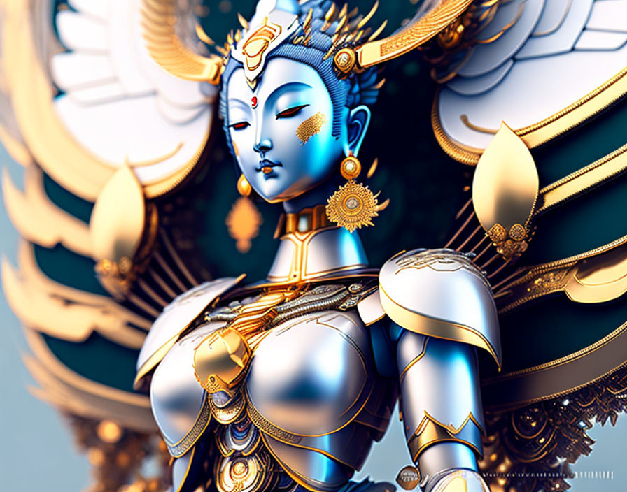 Digital art: Deity with multiple arms, golden armor, and blue skin