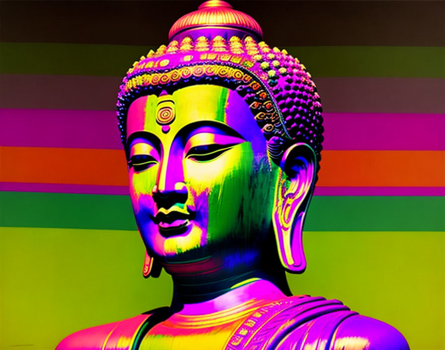 Colorful Buddha Statue Illustration on Striped Background